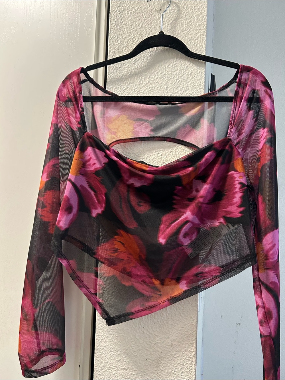Women’s Black Floral Mesh Long-Sleeve Crop Top - Pink & Orange Floral